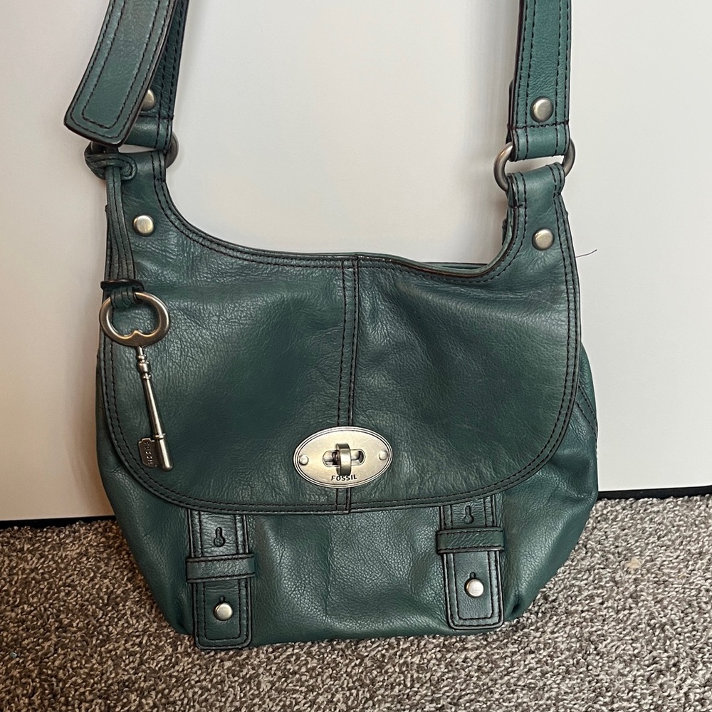 Fossil Dark Green/Blue Leather Crossbody Bag